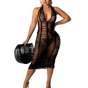 NEW Black Boho Tulum Dress Swimwear Sexy Halter Bikini Sleeveless Beach Hollow